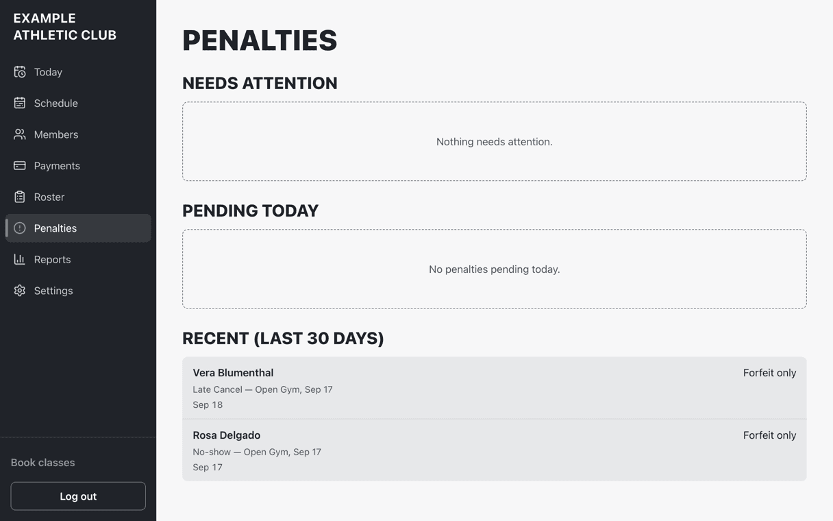 An admin penalties screen listing a late cancel and a no-show from the same day, each marked forfeit only.
